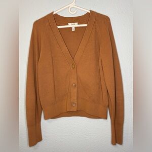 COS Fine Ribbed Knit Heavyweight Cotton V-neck Cardigan Camel Brown S